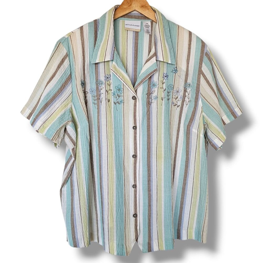 Alfred Dunner Top Size 22W Striped Button-Up Shirt‎ Floral Butterfly Embroidery